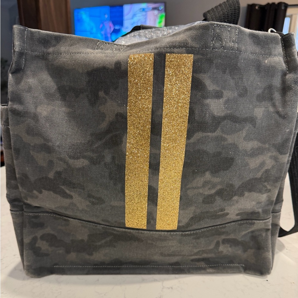 Koala Kanvas Large Camo Tote Gray Gold Stripe Gym Travel Work Bag